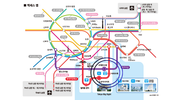 사진 설명: 도쿄 빅사이트로 가는 도쿄 시내 전철 노선도(출처: 도쿄 빅사이트 전시장 공식 홈페이지)